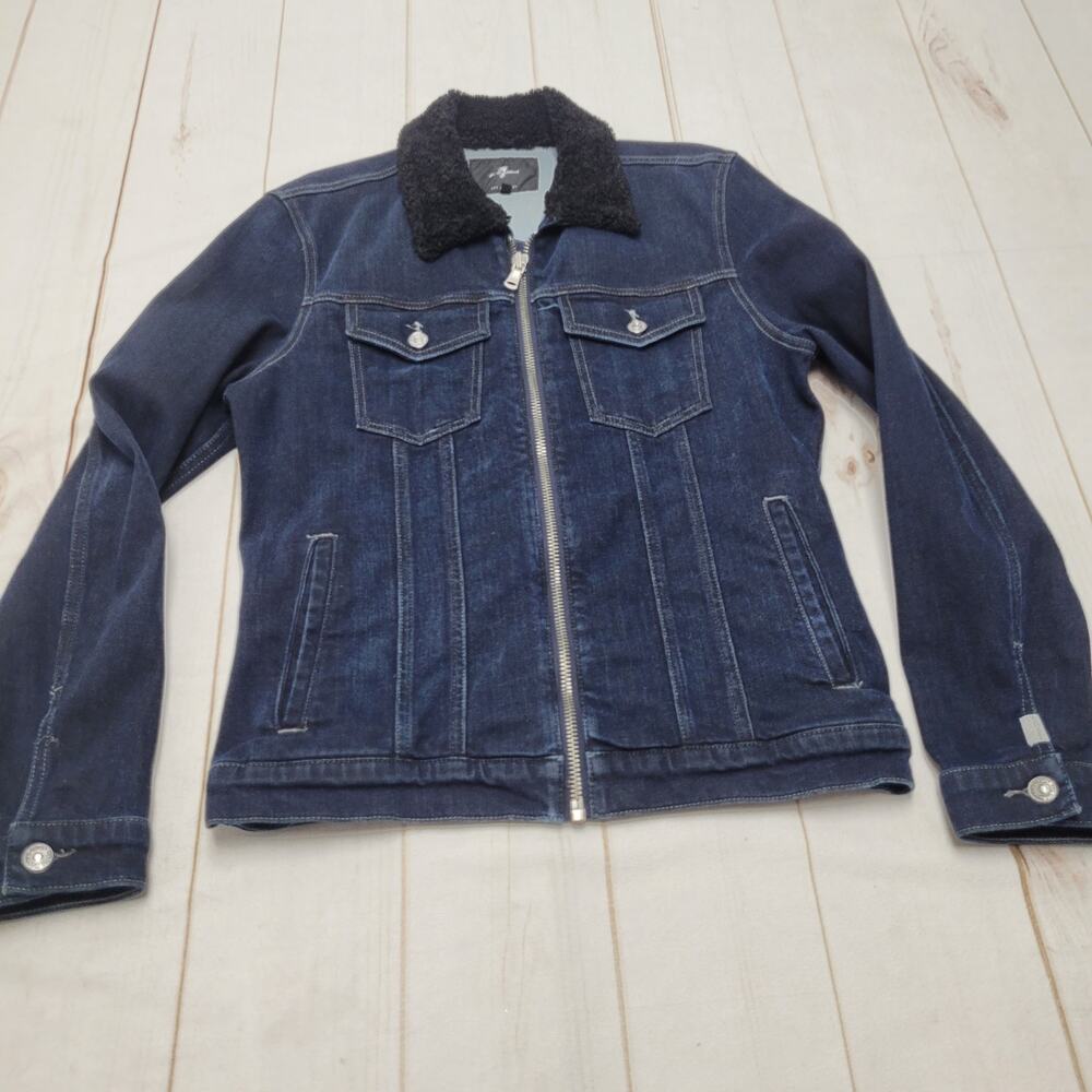 7 for all mankind shearling denim trucker jacket full zip faux fur retro
